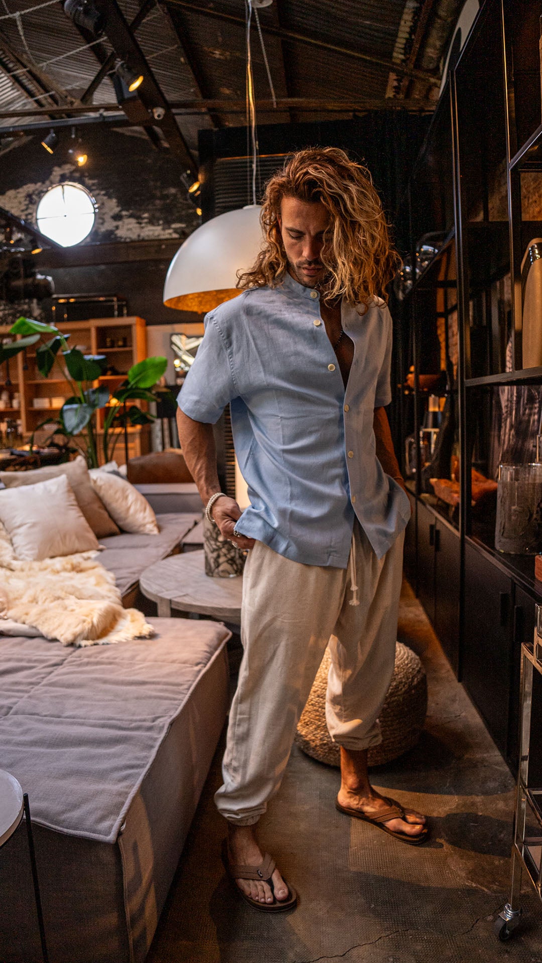 Camisa de lino cuello mao Sky