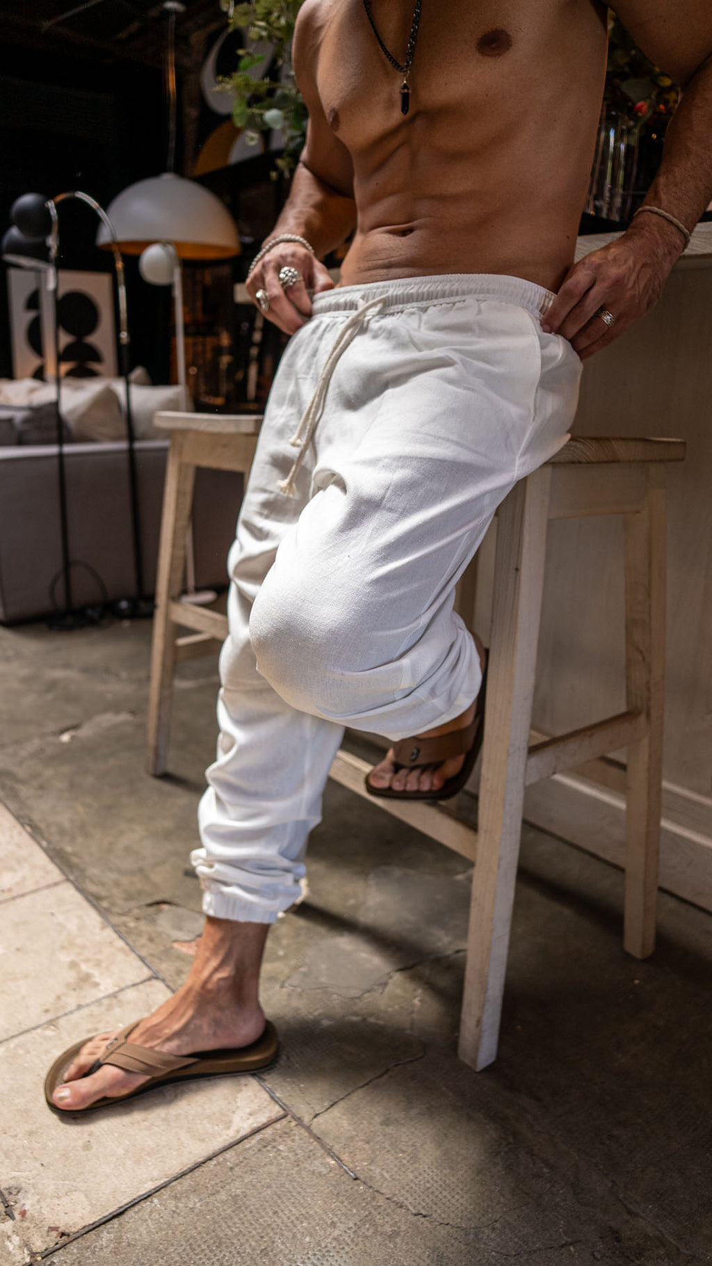 Pantalon de lino Ibiza jazmin con bajo elastico